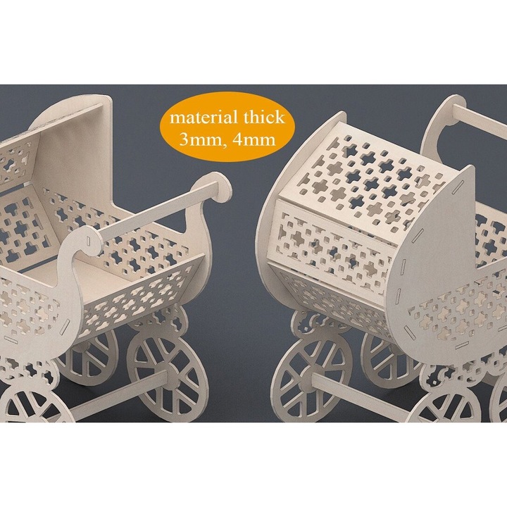 Carucior pentru bebelusi din lemn, Intrahome, model Schedio, 15x15 cm, set decorativ