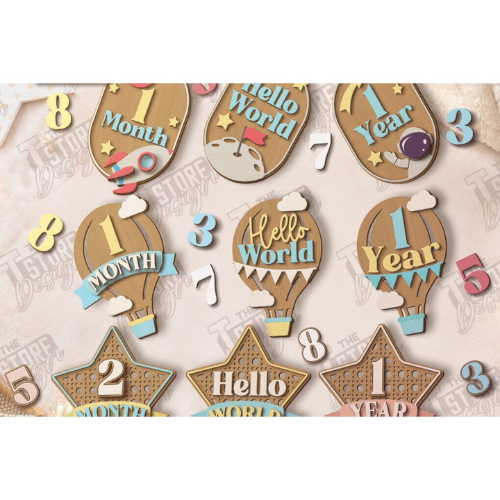 Set decupaje din lemn Baby Milestone Countdown, Intrahome, 15x15 cm, pentru decoratiuni si proiecte DIY