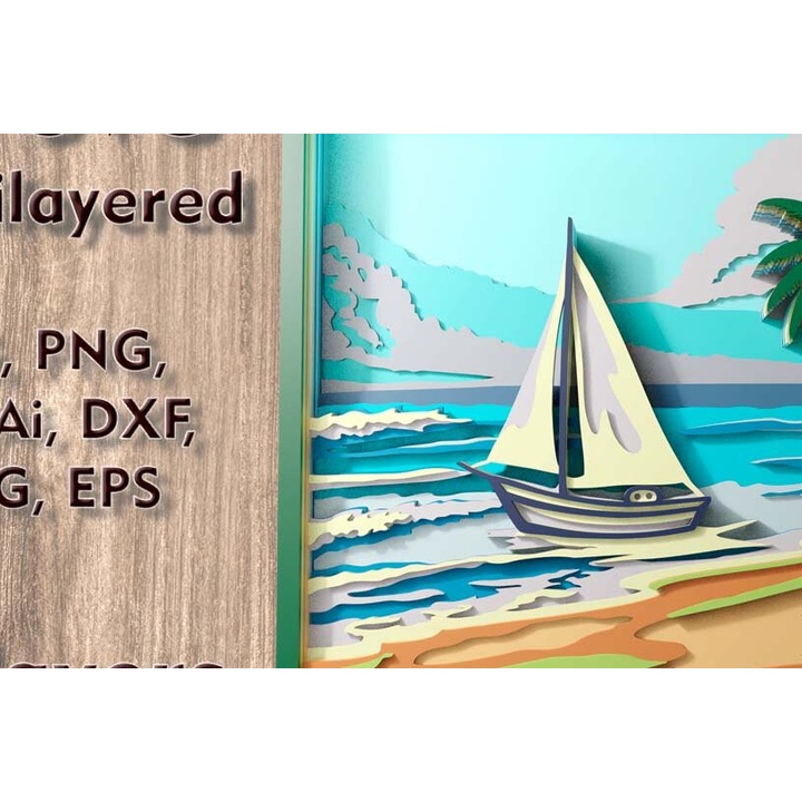 Decoratiune 3D din lemn, Intrahome, scena de plaja, 9x9 cm, pentru decorare si proiecte DIY