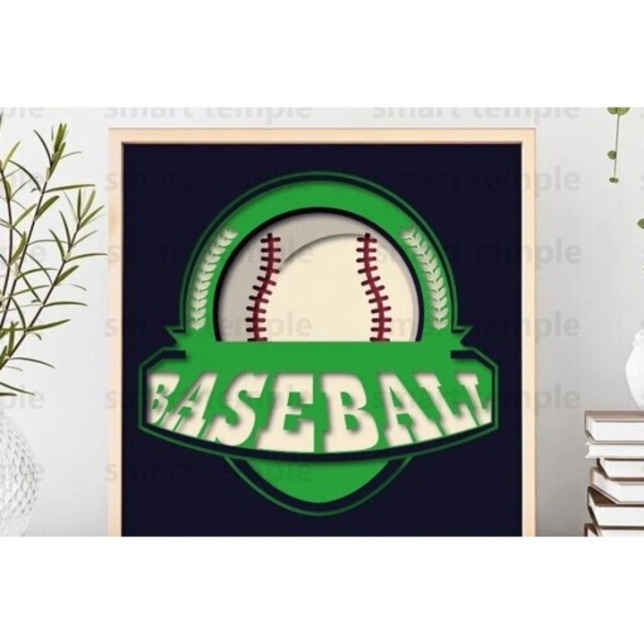 Decoratiune din lemn, Intrahome, Baseball 3D, 30x20 cm, Plywood 3mm-4mm