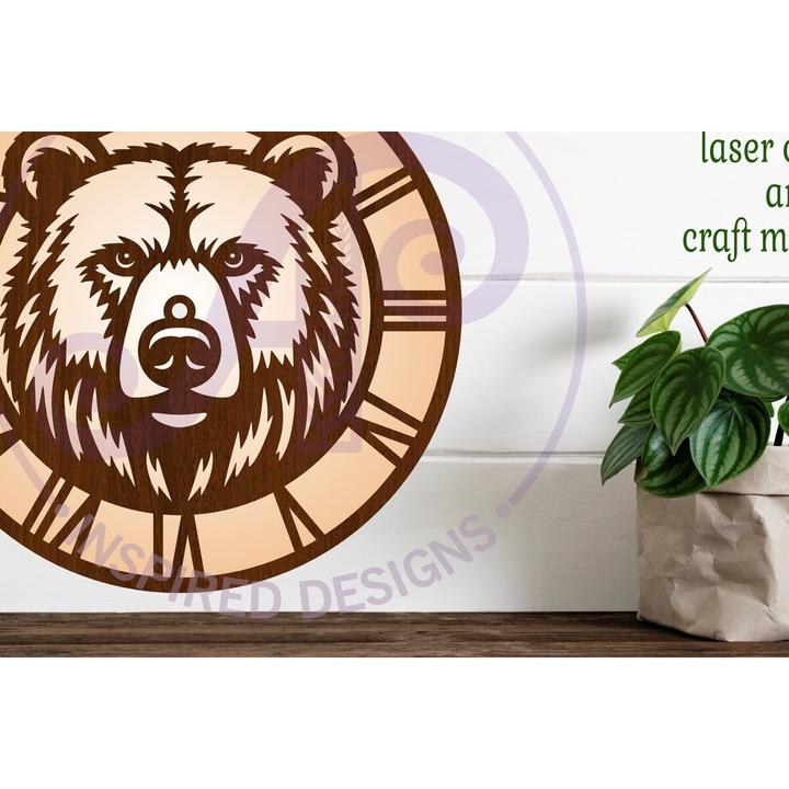 Ceas decorativ Bear Face, Intrahome, 8x8 cm, din plywood, pentru decorare si proiecte DIY