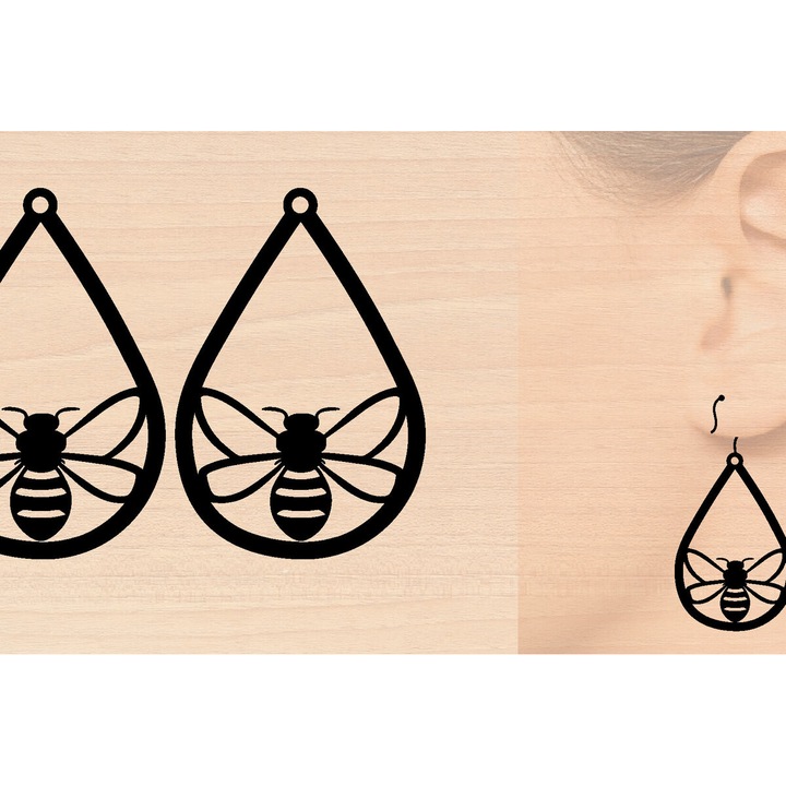 Cercei Bee Cut, Intrahome, 3x3 cm, din plywood 3mm-4mm, pentru decorare si proiecte DIY