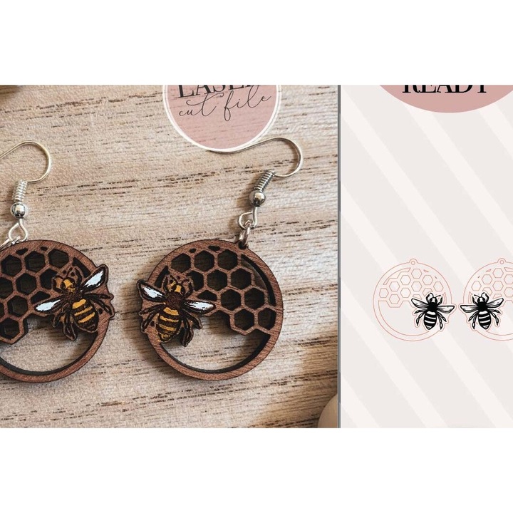 Cercei cu fagure, Intrahome, din lemn de placaj 3x3 cm, set pentru decorare si proiecte DIY