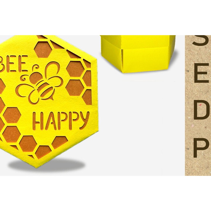 Cutie decorativa din lemn Bee Hexagon, Intrahome, 15x15 cm, pentru decorare si proiecte DIY