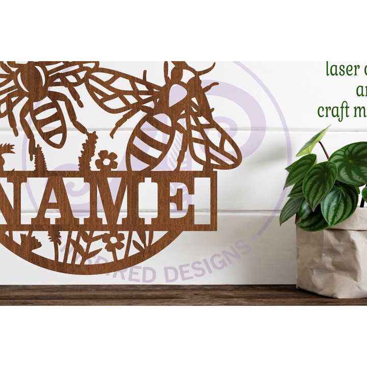 Placa decorativa din plywood, Intrahome, tema melissa, 6x6 cm, taiata cu laser