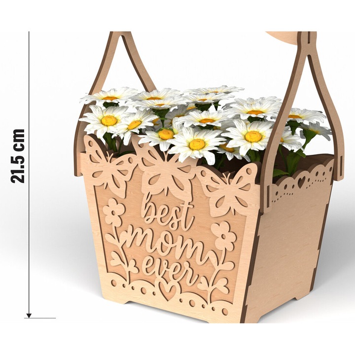 Cos cu fluturi To Best Mom Ever, Intrahome, 30x20cm, din plywood 3mm-4mm, pentru decoratiuni si proiecte DIY