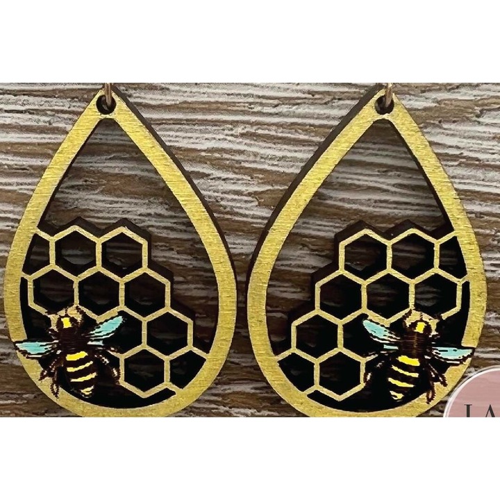 Cercei cu fagure, Intrahome, din lemn de placaj 3x3 cm, set pentru decorare si proiecte DIY