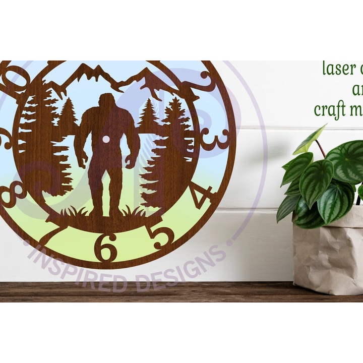 Ceas decorativ Bigfoot, Yeti, Intrahome, 8x8 cm, din plywood, pentru decorare si proiecte DIY