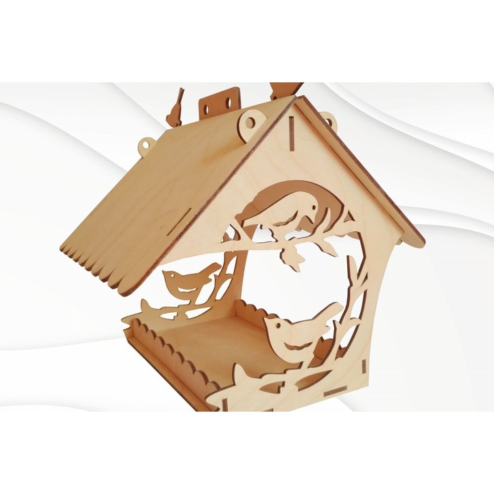 Feeder pentru pasari, Intrahome, model Schedio, dimensiuni 15x15 cm, din plywood 3mm-4mm, pentru decorare si proiecte DIY