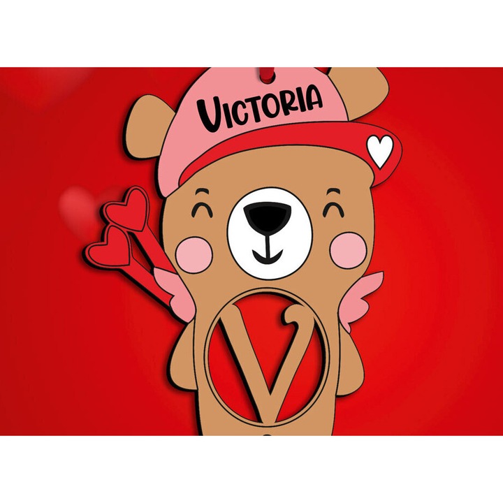 Set decorativ Bear Cupid Letter V, Intrahome, 15x15 cm, din plywood, ideal pentru decorare si proiecte DIY