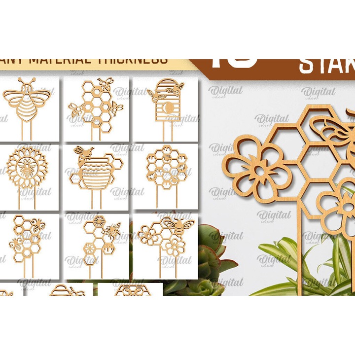 Desme copes cu laser Bee Plant Stakes, Intrahome, 30x20 cm, din plywood 3mm-4mm, pentru decorare si proiecte DIY