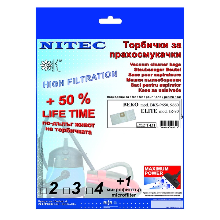 Saci pentru aspiratoare, NITEC, cod T431, 2 saci, compatibilitatea este mentionata pe ambalaj