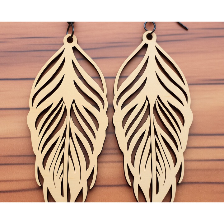 Cercei din lemn Boho cu model de pana, 3x3 cm, set, Intrahome