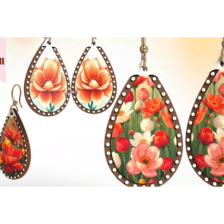 Cercei Boho Floral Drop Set, Intrahome, 1x2 cm, Plywood 3mm-4mm, pentru decorare si proiecte DIY