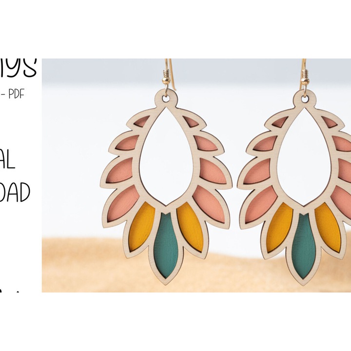 Cercei Boho Leaf Teardrop, Intrahome, 3x3 cm, din plywood 3mm-4mm, set