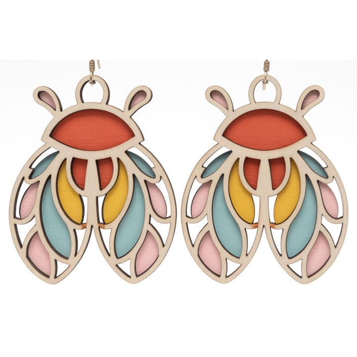 Cercei Boho Ladybug Stratificati, Intrahome, Plywood 3x3cm, pentru decoratiuni si proiecte DIY