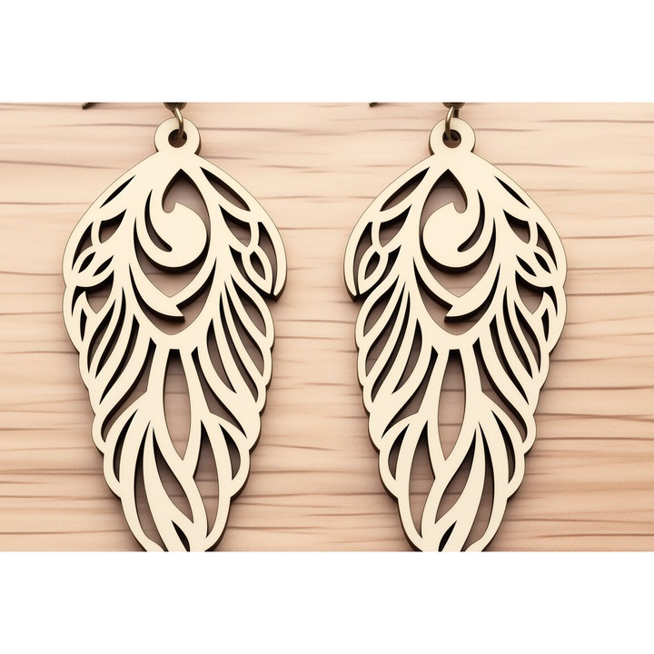 Cercei din lemn Boho cu model de pana, 3x3 cm, set, Intrahome