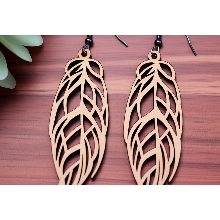 Cercei din lemn Boho cu model de pana, 3x3 cm, set, Intrahome