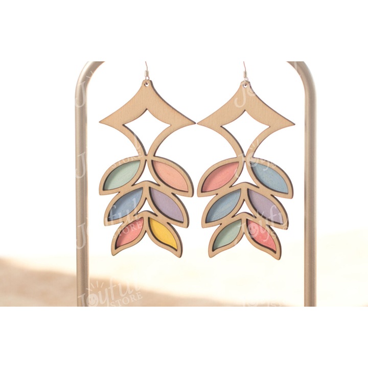 Cercei Boho Leaf Cascade, Intrahome, 3x3 cm, din plywood 3mm-4mm, pentru decorare si proiecte DIY