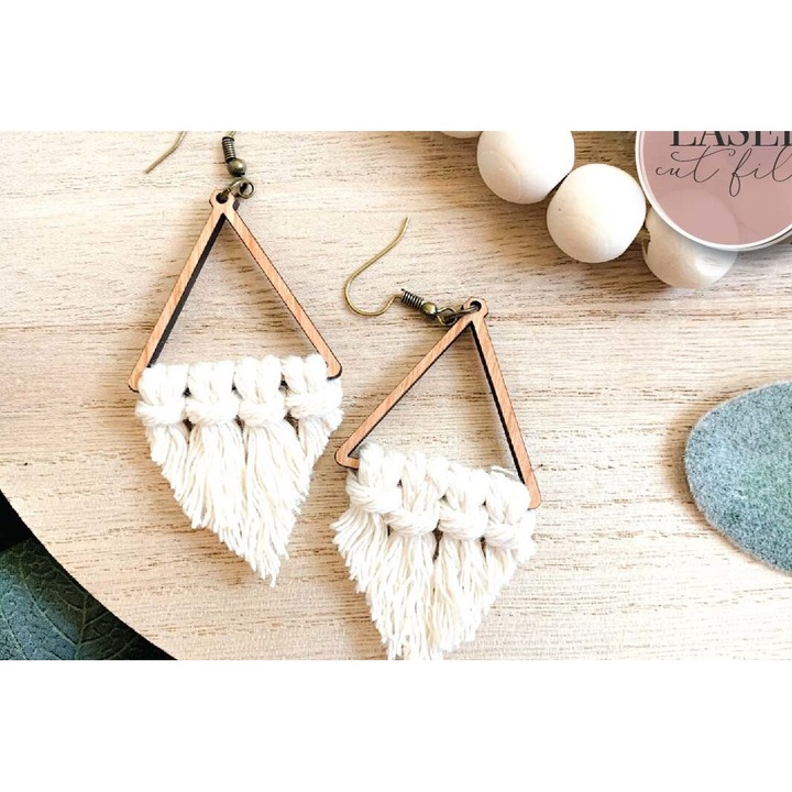 Cercei Boho Macrame, Intrahome, 3x3 cm, din plywood, set de 2 bucati