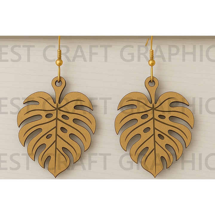 Cercei Boho Monstera, Intrahome, 3x3 cm, din plywood, set