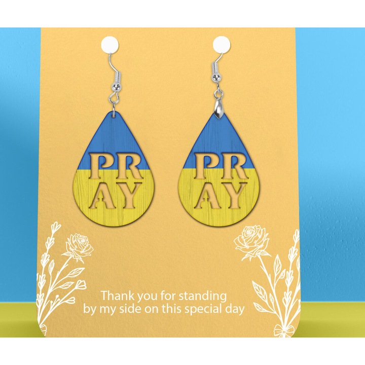 Cercei Boho Pray Ukraine, Intrahome, 2x2 cm, din plywood, set bijuterii dama