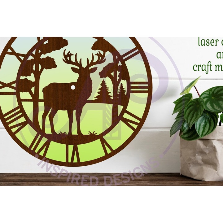 Ceas decorativ Buck Deer, Intrahome, 8x8 cm, din plywood, pentru decorare si proiecte DIY