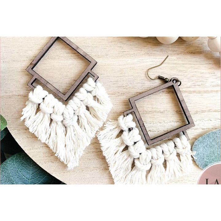 Cercei Boho Macrame, Intrahome, 3x3 cm, din plywood, set de 2 bucati