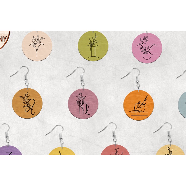 Set cercei Zodiac Boho, Intrahome, 2x2 cm, din plywood, 3mm-4mm, pentru decorare si proiecte DIY