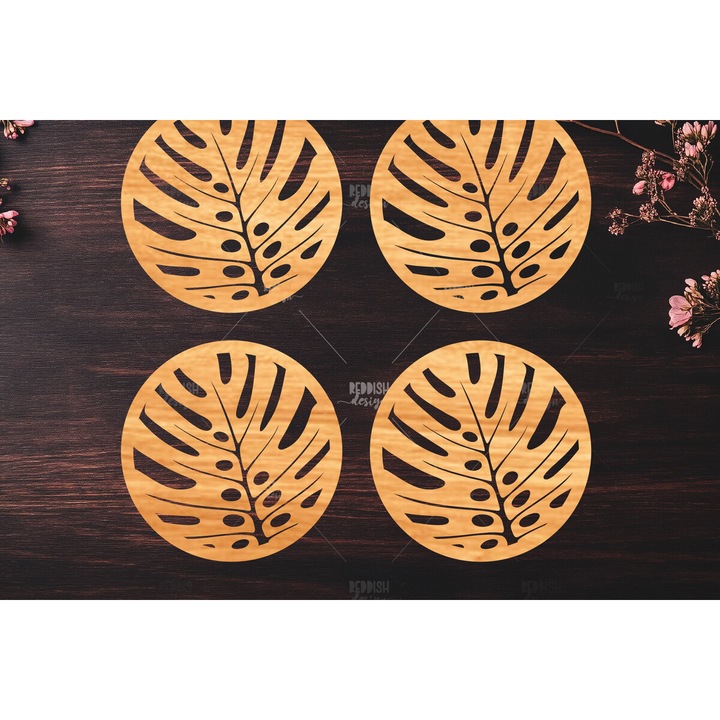 Suporturi bauturi set, Intrahome, model Botanical, 15x15 cm, din plywood 3mm-4mm