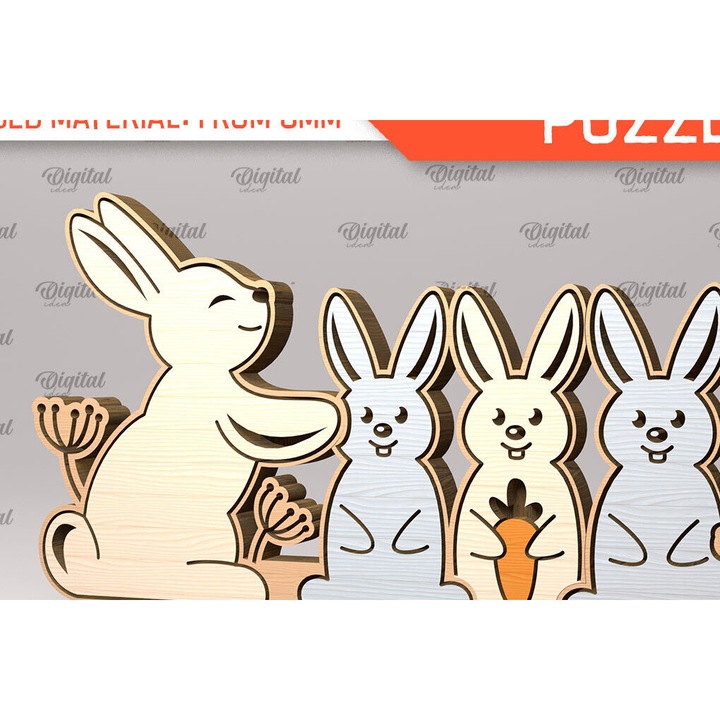 Puzzle Bunny Family, Intrahome, 6x6 cm, din plywood 3mm-4mm, pentru decorare si proiecte DIY