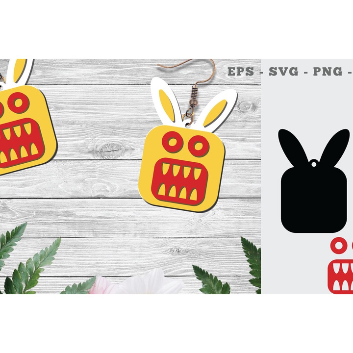 Cercei din lemn taiati cu laser Bunny Monster 3, 3x3 cm, set, Intrahome