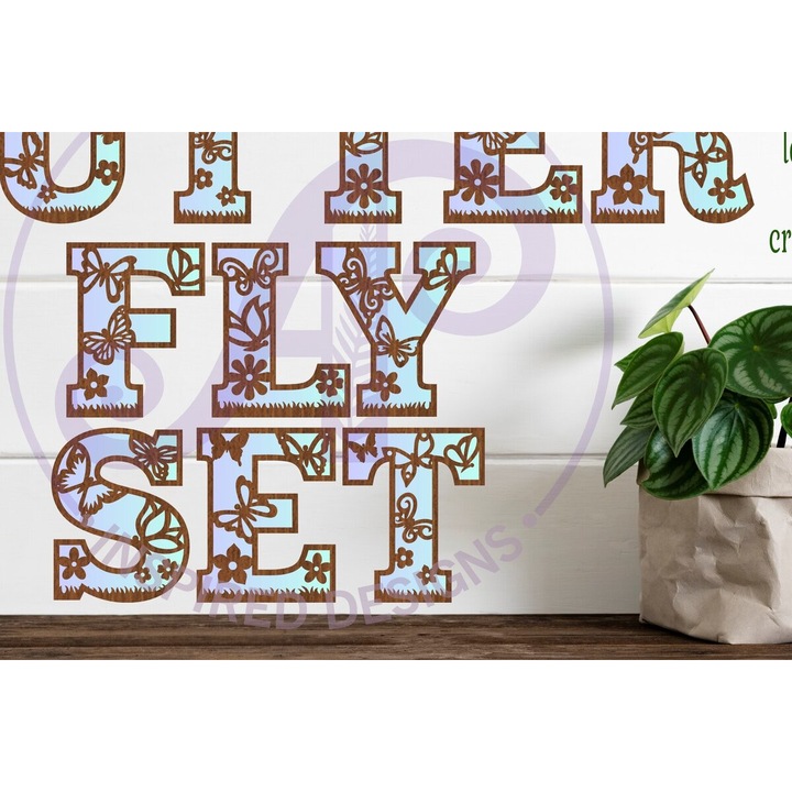 Set alfabet fluture 52 litere, Intrahome, din plywood 3mm-4mm, 5x5 cm, pentru decorare si proiecte DIY