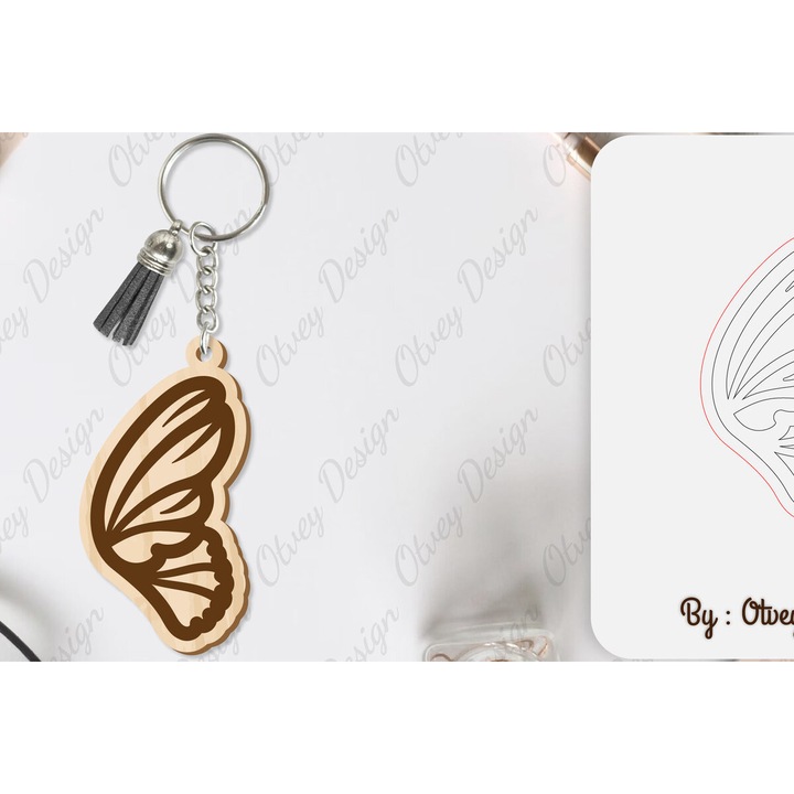 Breloc cu aripa de fluture din lemn, Intrahome, 6x6 cm, 3mm-4mm, set de decoratiuni DIY