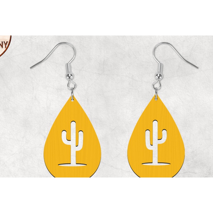 Cercei Cactus Teardrop Boho, Intrahome, 2x2 cm, din plywood, set de bijuterii