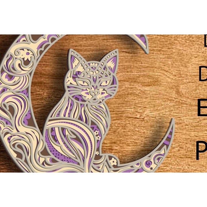 Mandala 3D Cat and Moon, Intrahome, Plywood 3mm-4mm, 30x30 cm, set decorativ