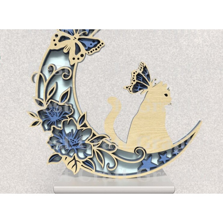 Decoratiune din lemn Cat and Moon, Intrahome, 15x15 cm, plywood 3mm-4mm, pentru proiecte DIY