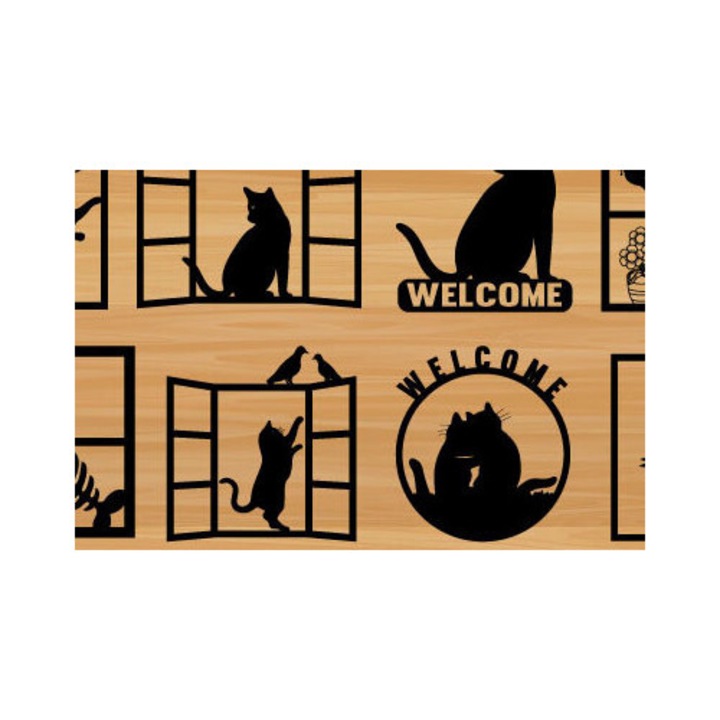 Tablou din lemn plywood 3mm-4mm, Intrahome, design pisica, 40x40 cm, pentru decorare si proiecte DIY