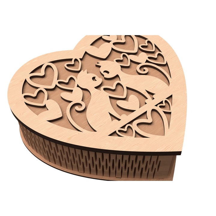 Cutie in forma de inima pentru pisici, Intrahome, 15x15 cm, din plywood 3mm-4mm, pentru decoratiuni si proiecte DIY