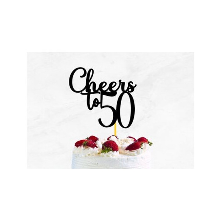 Cake Topper Cheers to 50, Intrahome, 15x15 cm, din plywood, pentru decoratiuni si proiecte DIY