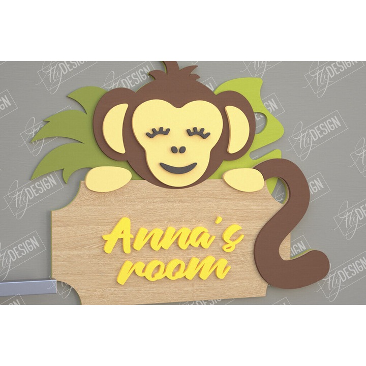 Panou decorativ pentru camera copilului, Monkey Design, 30x20 cm, din plywood 3mm-4mm, set