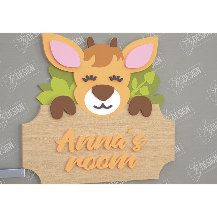 Tabla decorativa pentru camera copilului, Deer Design, 30x20 cm, din plywood 3mm-4mm, fabricata in Grecia