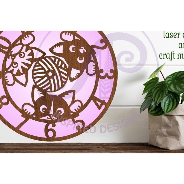 Ceas decorativ din lemn Plywood Cats Cut, 8x8 cm, set de decorare, Intrahome