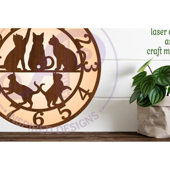 Ceas decorativ din lemn Plywood Cats Cut, 8x8 cm, Intrahome
