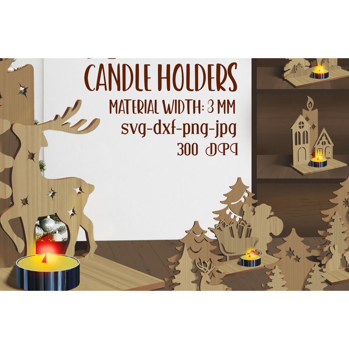 Suporturi lumanari, Intrahome, Christougenniatiko 3D Keropegio, 15x15 cm, din plywood 3mm-4mm, pentru decoratiuni si proiecte DIY