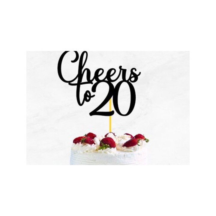 Cake Topper Cheers to 20, Intrahome, 15x15 cm, din plywood 3mm-4mm, pentru decoratiuni si proiecte DIY