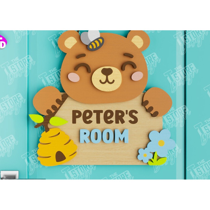 Tabla decorativa pentru camera copilului, Bear Design, 30x20 cm, din plywood 3mm-4mm, set de 2 bucati