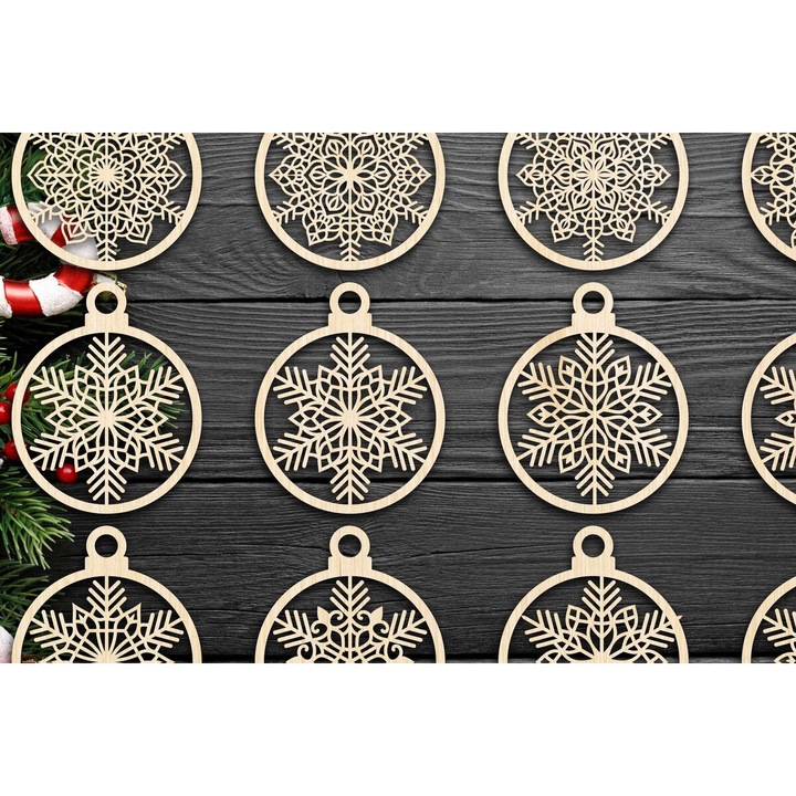 Set de bile de Craciun din lemn, Intrahome, 8x8 cm, 3mm-4mm, pentru decoratiuni si proiecte DIY