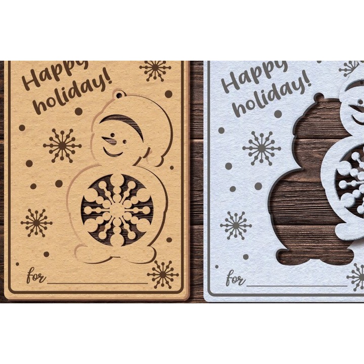 Felicitare Craciun cu Snowman-2, Intrahome, 14x14 cm, din plywood 3mm-4mm, pentru decoratiuni si proiecte DIY