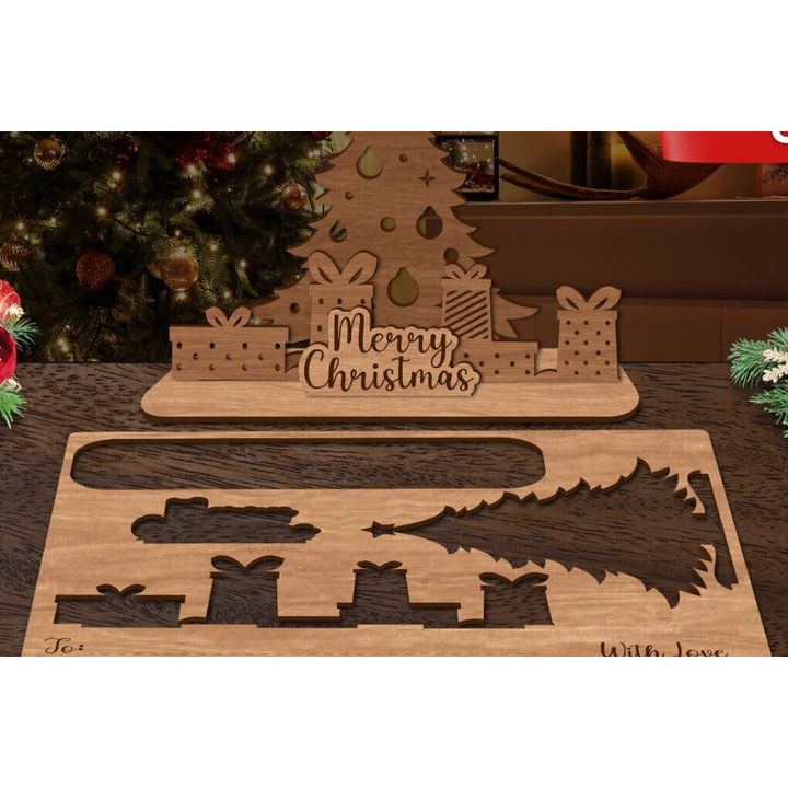 Felicitare de Craciun, Intrahome, 6x6 cm, din plywood 3mm-4mm, pentru decoratiuni si proiecte DIY